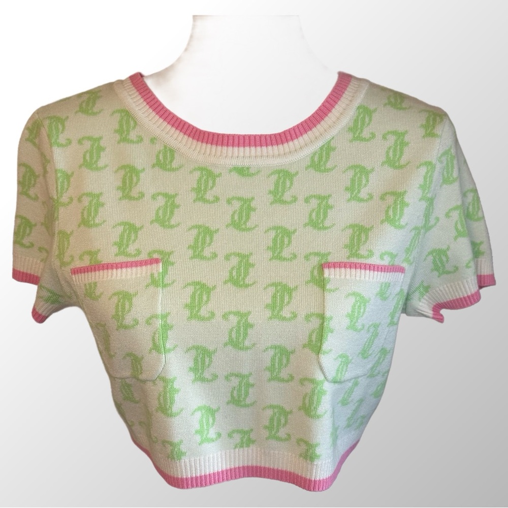 Juicy Couture Knit 2-piece Set Large Pink & Green Monogram‎ Crop Top & Short Y2K - Picture 3 of 16
